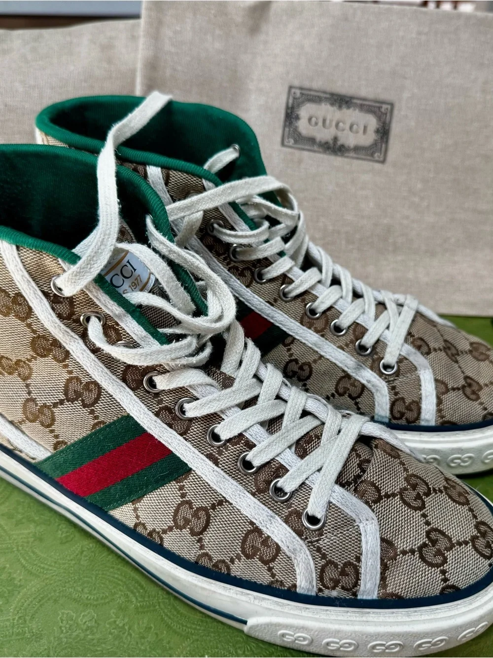 Gucci Beige GG Canvas High-Top Sneakers with Green and Red Web